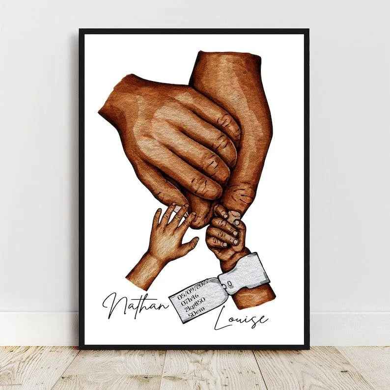 Personalized family poster, A3 poster, optional frame, birth gift, young parent gift, Customizable Birth bracelet