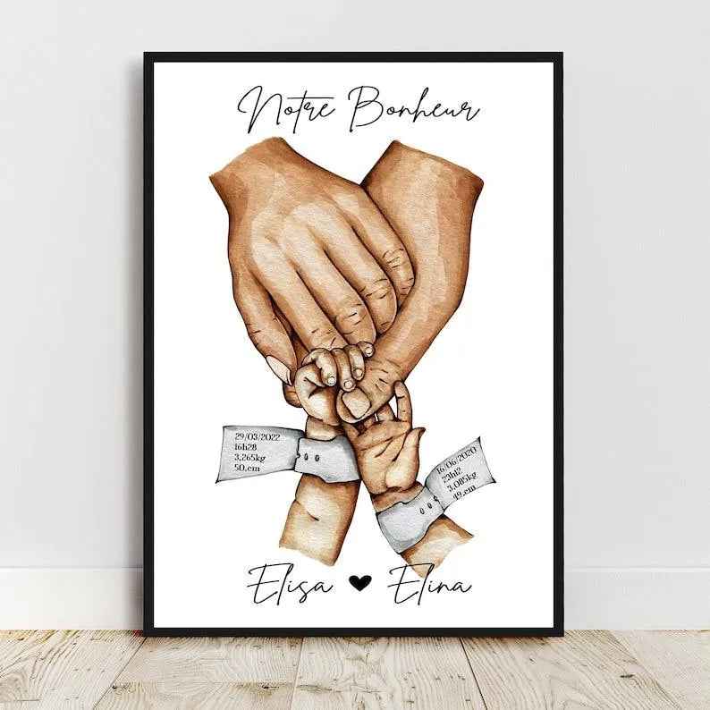 Baby room decor, personalized family poster, birth bracelet, A4 or A3 format, created and printed in France, family of 2 children