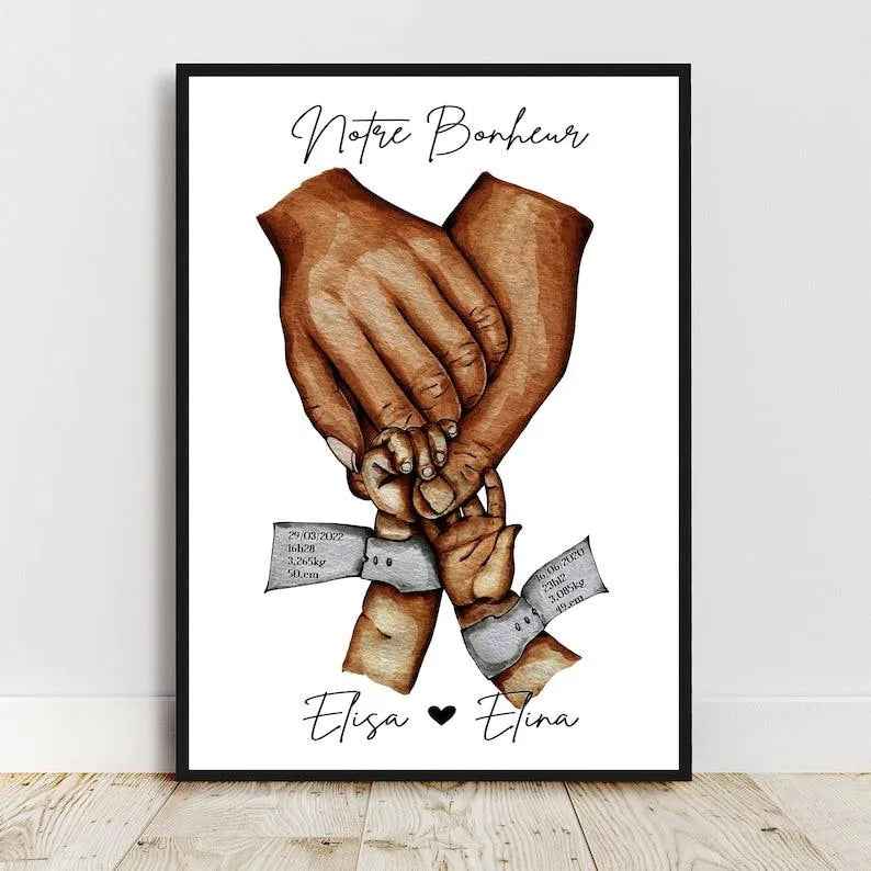 Baby room decor, personalized family poster, birth bracelet, A4 or A3 format, created and printed in France, family of 2 children