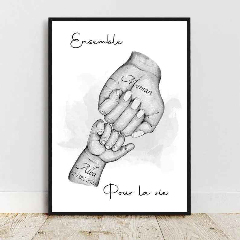 Happy birthday mom, Personalized mother and baby portrait, Mother's Day gift, mom hand drawing, customizable color and text