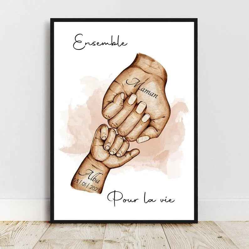 Happy birthday mom, Personalized mother and baby portrait, Mother's Day gift, mom hand drawing, customizable color and text