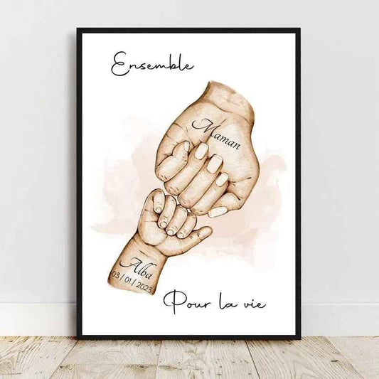 Joyeux anniversaire maman, Portrait personnalisé mère et bébé, cadeau fête des mères, dessin main maman, couleur et texte personnalisables