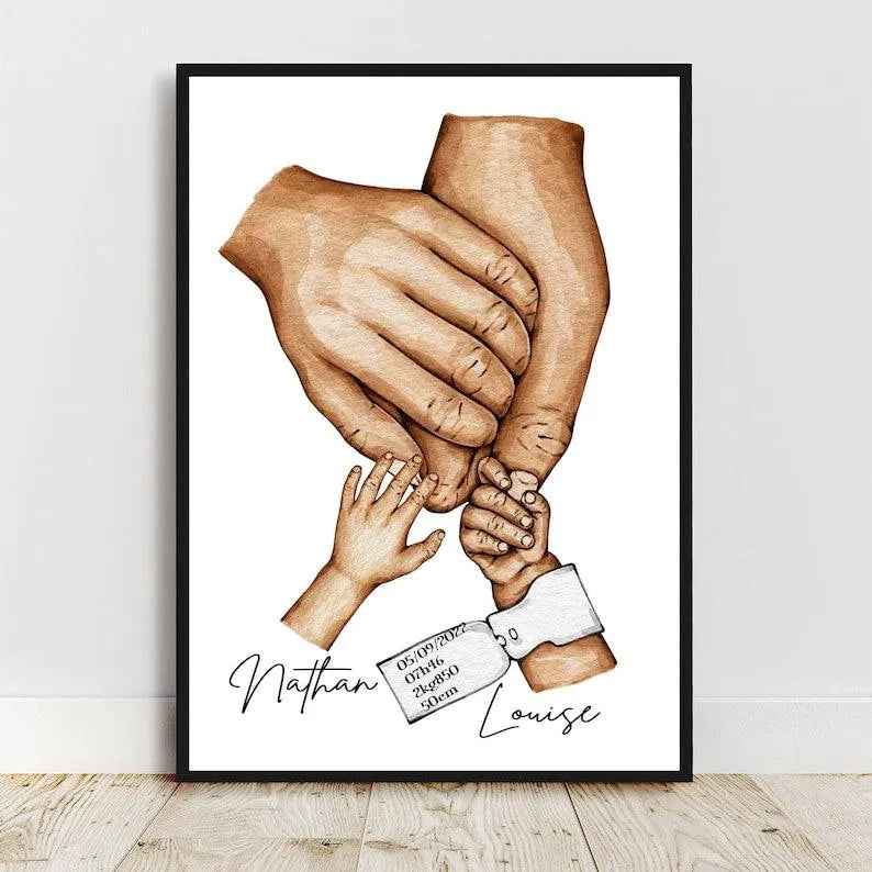 Personalized family poster, A3 poster, optional frame, birth gift, young parent gift, Customizable Birth bracelet