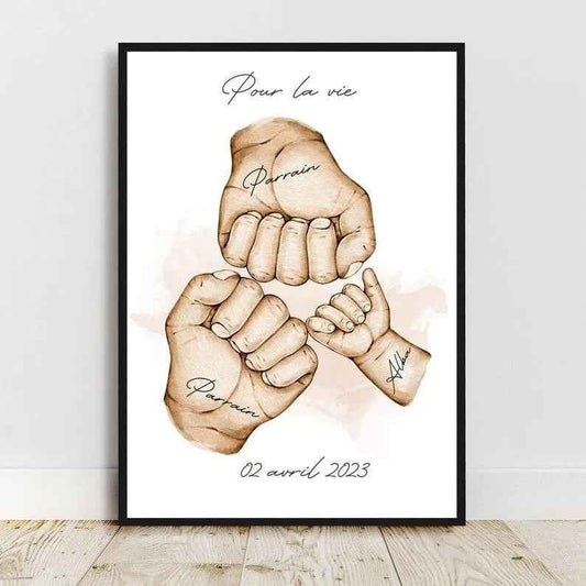 Godfather gift, personalized poster of two godparents and their godchild, A4 or A3 format poster, optional frame, baptism gift