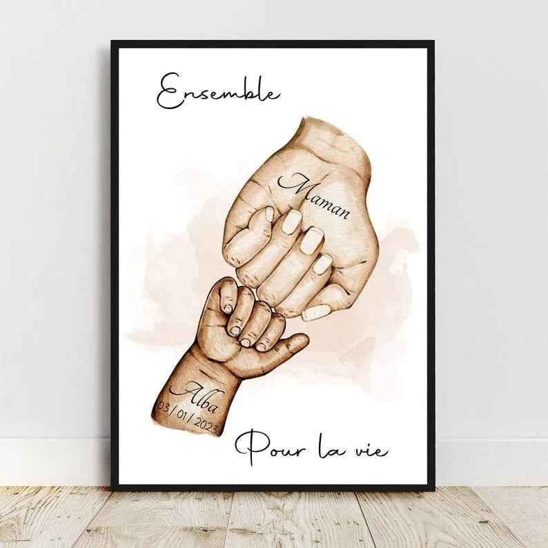 Happy birthday mom, Personalized mother and baby portrait, Mother's Day gift, mom hand drawing, customizable color and text