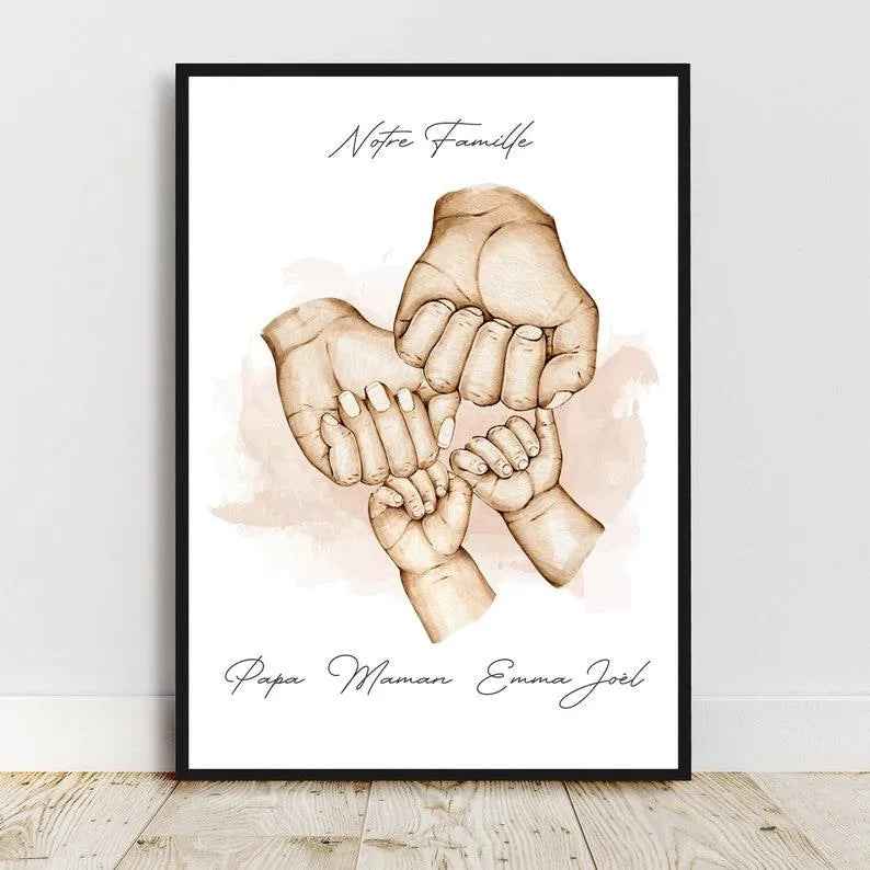 Personalized portrait, A4 Dad Mom Child poster, color, text, customizable first names, Father's Day gift, Mother's Day gift