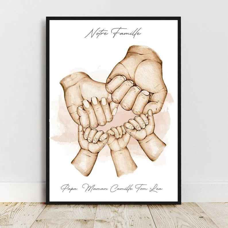 Personalized portrait, A4 Dad Mom Child poster, color, text, customizable first names, Father's Day gift, Mother's Day gift
