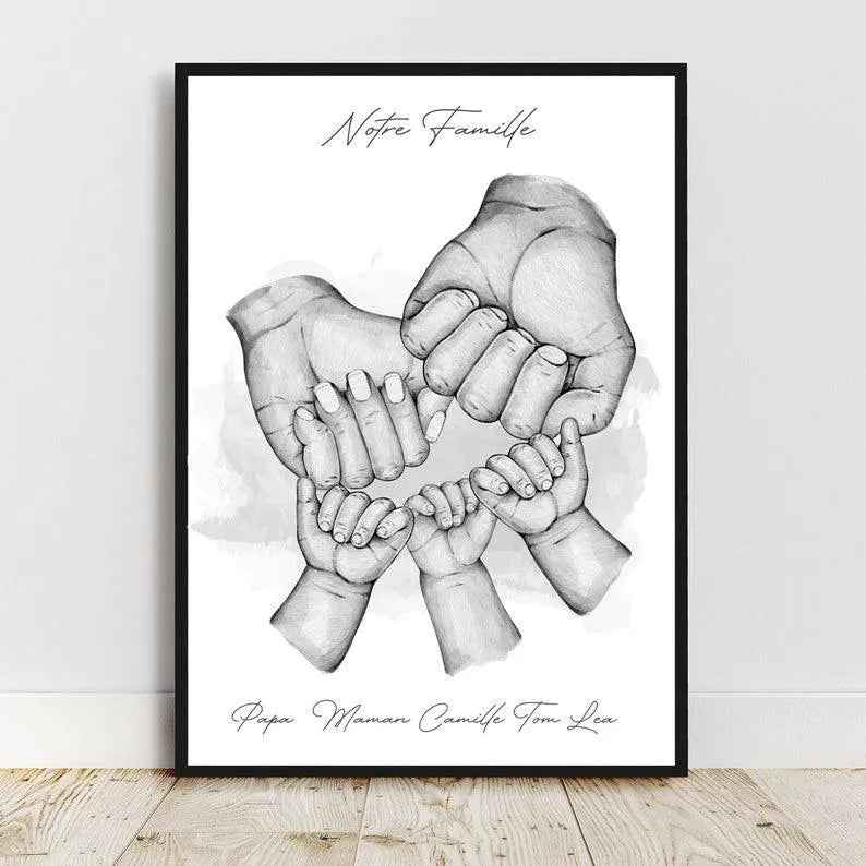 Personalized portrait, A4 Dad Mom Child poster, color, text, customizable first names, Father's Day gift, Mother's Day gift