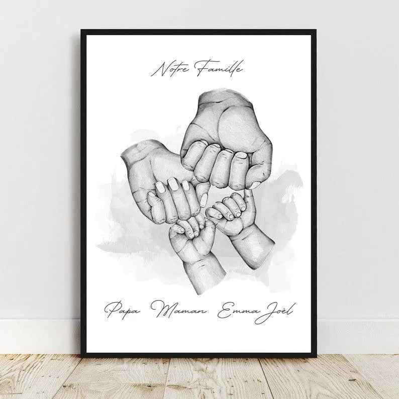 Personalized portrait, A4 Dad Mom Child poster, color, text, customizable first names, Father's Day gift, Mother's Day gift