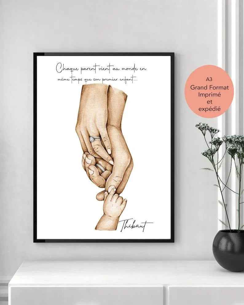 Personalized family poster, French artisanal workshop, A3 format printed and shipped, birth gift, inexpensive personalized gift