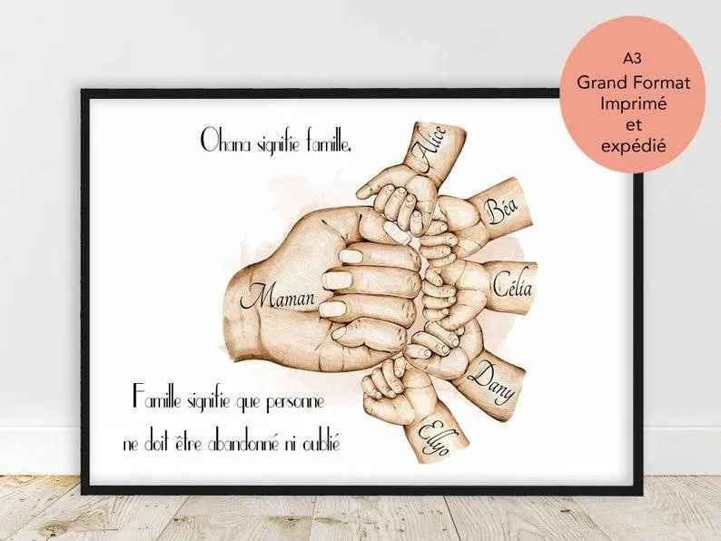 Personalized family poster, French, printed and shipped, mom gift, grandma gift, wife gift, text and color customization