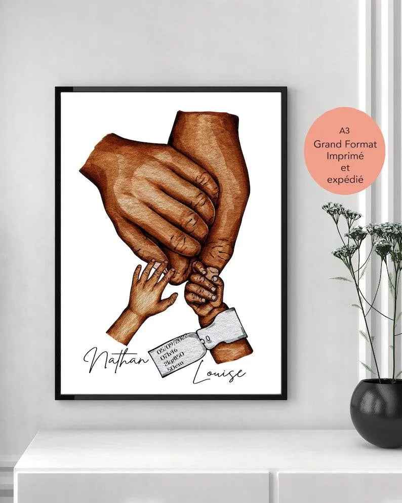 Personalized family poster, A3 poster, optional frame, birth gift, young parent gift, Customizable Birth bracelet
