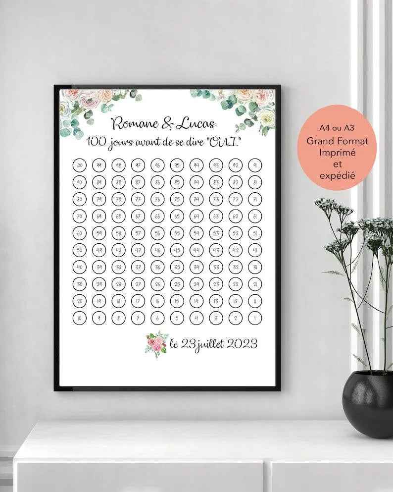 personalized wedding countdown, countdown 100 days before becoming "Mr And Mrs", wedding planning, bride-to-be gift