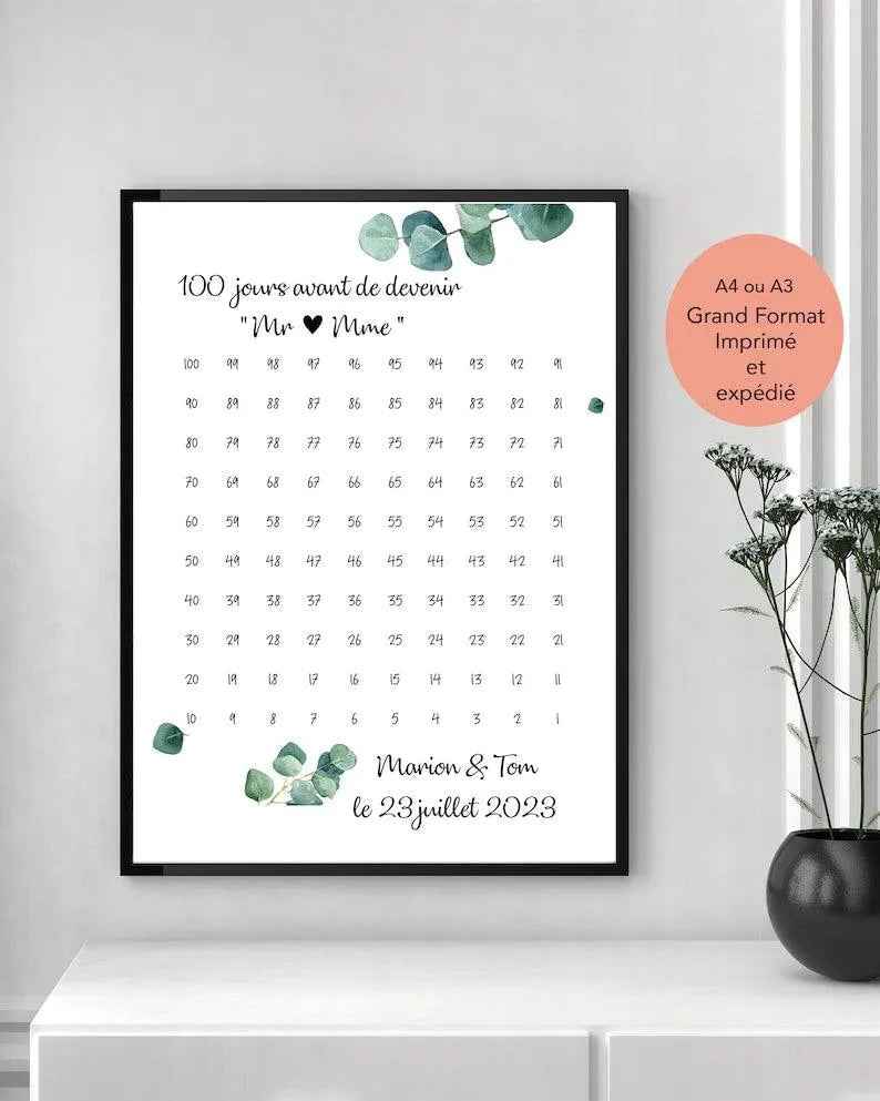 personalized wedding countdown, countdown 100 days before becoming "Mr And Mrs", wedding planning, bride-to-be gift