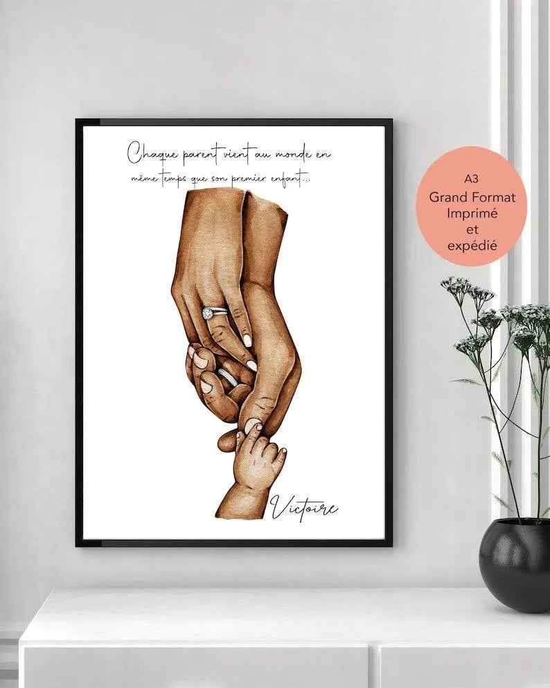 Personalized family poster, French artisanal workshop, A3 format printed and shipped, birth gift, inexpensive personalized gift