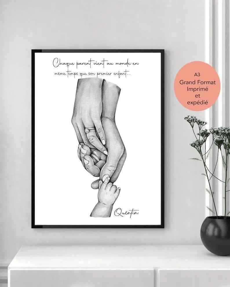 Personalized family poster, French artisanal workshop, A3 format printed and shipped, birth gift, inexpensive personalized gift