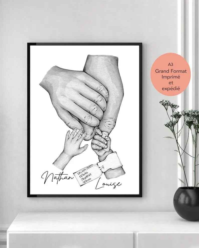 Personalized family poster, A3 poster, optional frame, birth gift, young parent gift, Customizable Birth bracelet