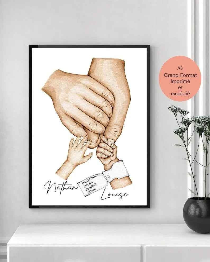 Personalized family poster, A3 poster, optional frame, birth gift, young parent gift, Customizable Birth bracelet