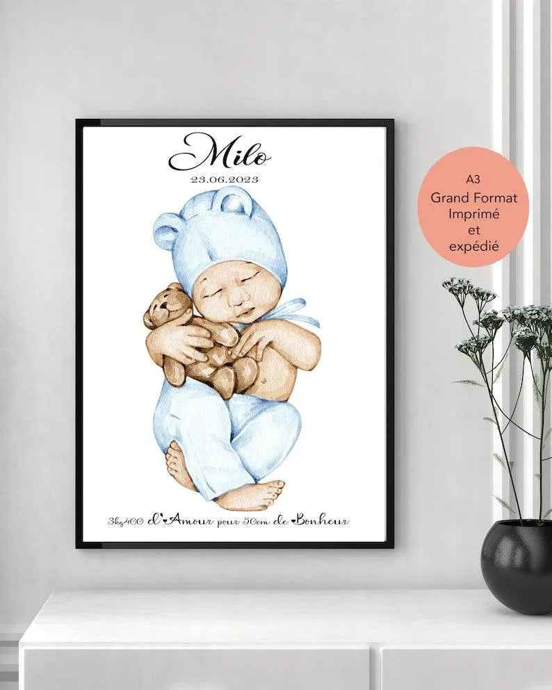 Cadeau de naissance, affiche personnalisée, imprimée et expédiée, idee annonce bebe, fête des pères, fête des mères, jeune parent, famille