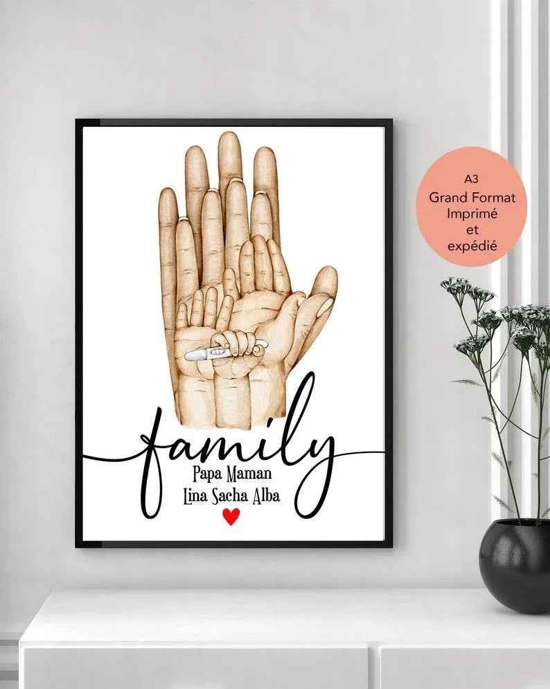 Personalisiertes Familienposter, A3-Poster mit optionalem Rahmen, 100 % Made in France, personalisierte Geschenkidee, für die Innendekoration