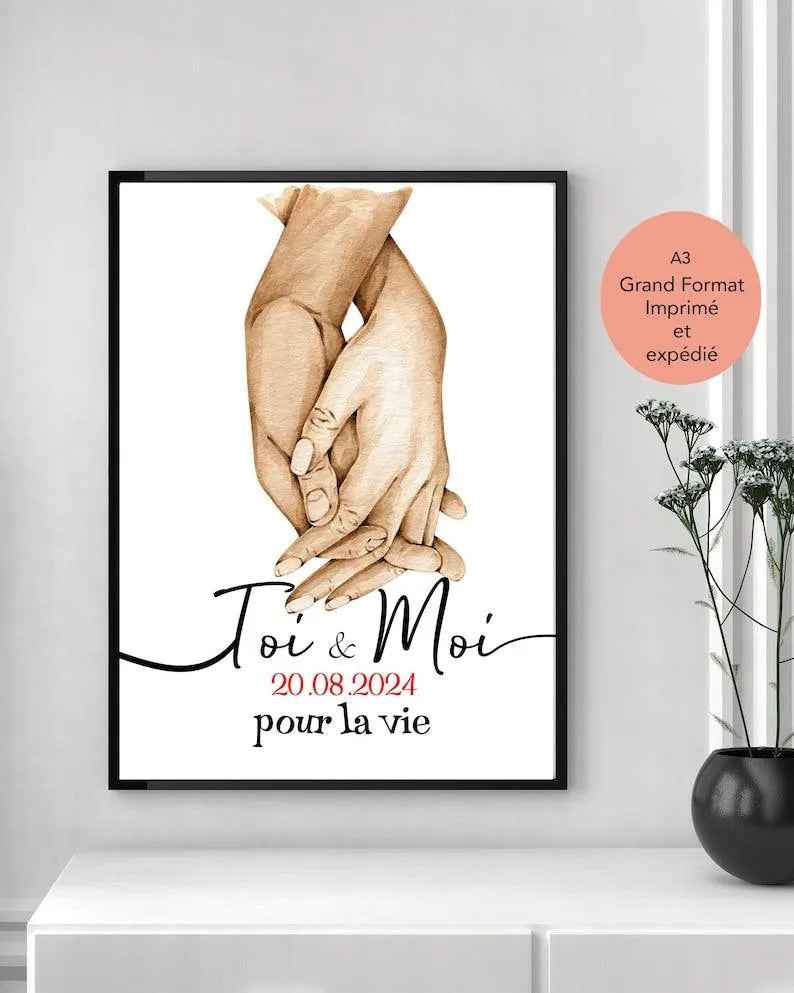Personalisiertes Paargeschenk, A3-Poster mit optionalem Rahmen, Geschenkidee zur Hochzeit, romantisches Jubiläumsgeschenk, hergestellt in Frankreich, Top-Qualität