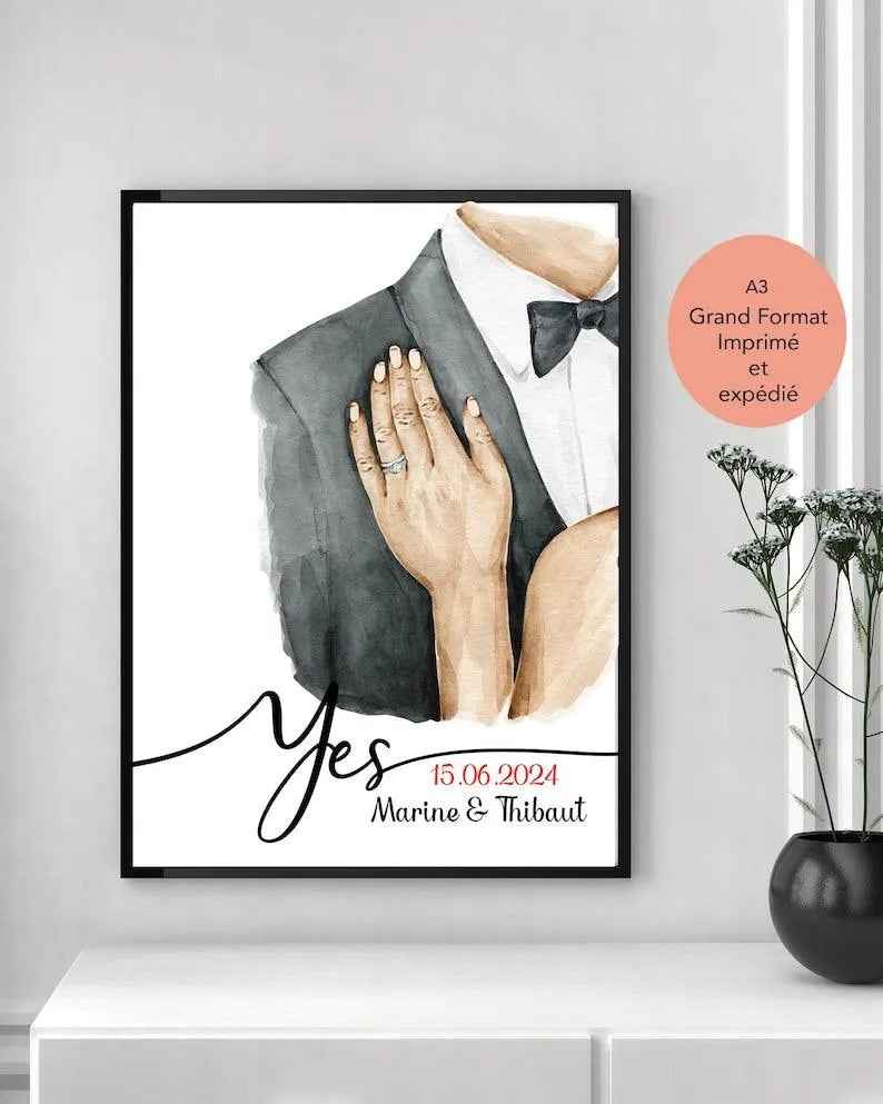 Personalisiertes Paargeschenk, A3-Poster mit optionalem Rahmen, Geschenk für das Brautpaar, Geschenk zum Jahrestag des Paares, hergestellt in Frankreich, Top-Qualität