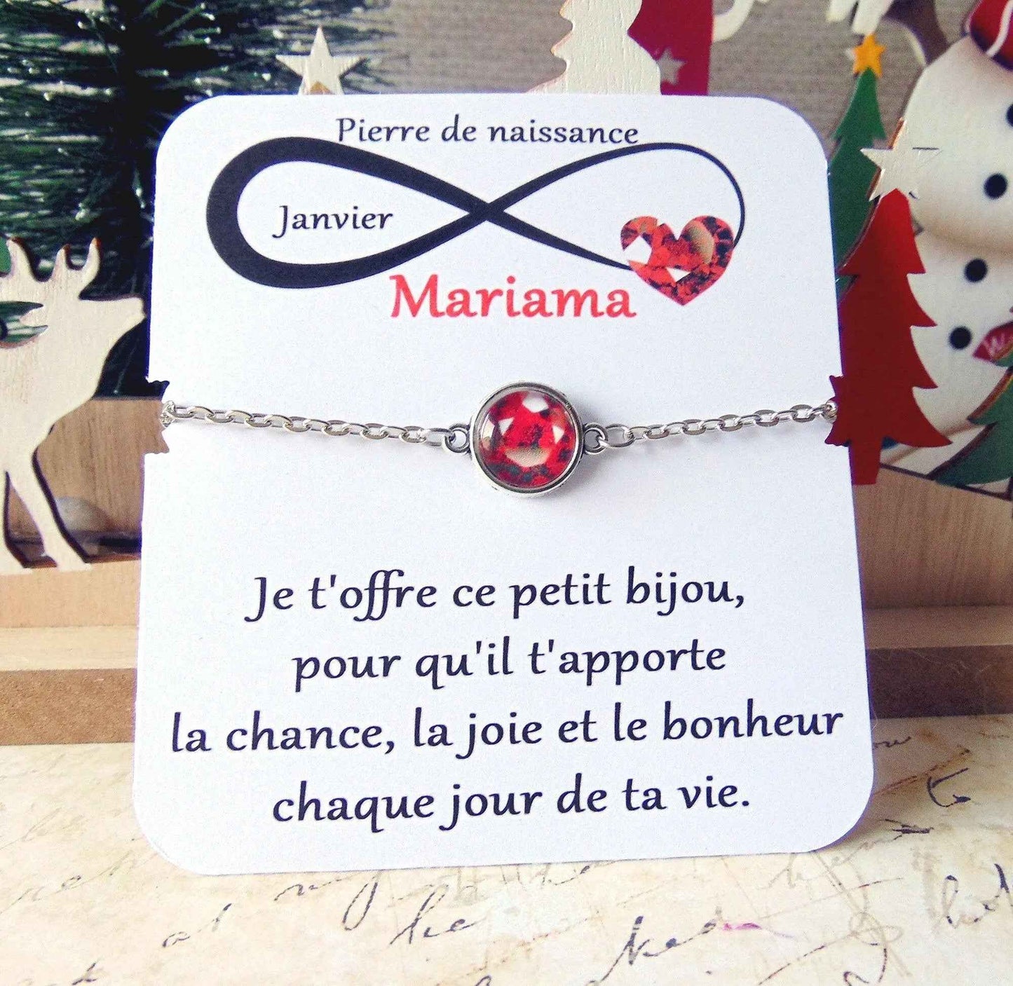 Bracelet Pierre de naissance Janvier (Grenat) _ Bracelet chaine en acier inoxydable, carte personnalisable prénom et texte