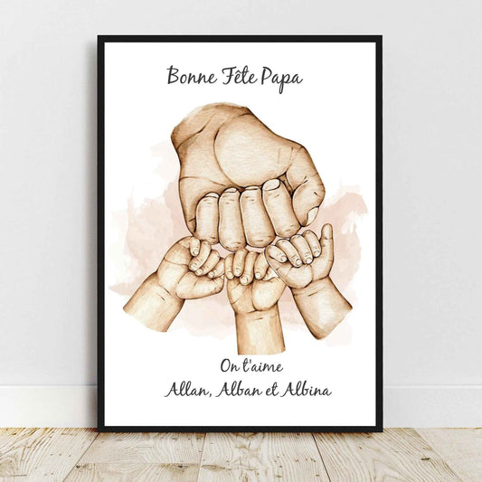 Portrait personnalisé Noir et blanc, affiche a4 cadeau fête des pères, cadeau fête des mères, main famille, couleur et texte personnalisable