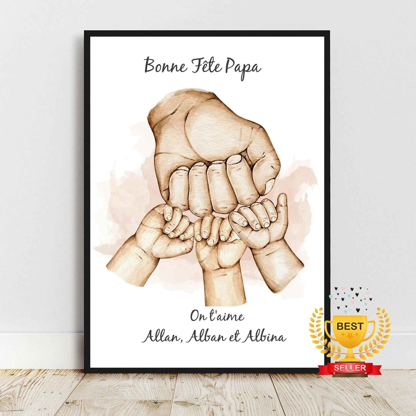 Cadeau pour papy, Portrait personnalisé, affiche cadeau fête grand père, Famille main dans la main, couleur et texte personnalisables