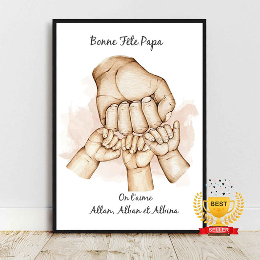 Cadeau pour papy, Portrait personnalisé, affiche cadeau fête grand père, Famille main dans la main, couleur et texte personnalisables