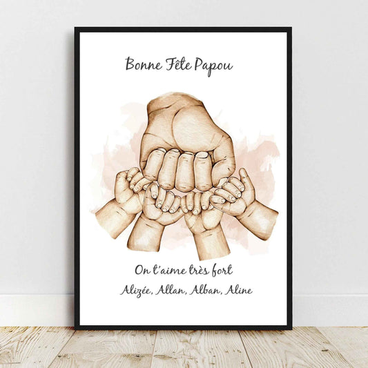 Portrait personnalisé, affiche A4 fête des papas, cadeau fête des pères, main papa et enfant, couleur et texte personnalisables, cadeau noël