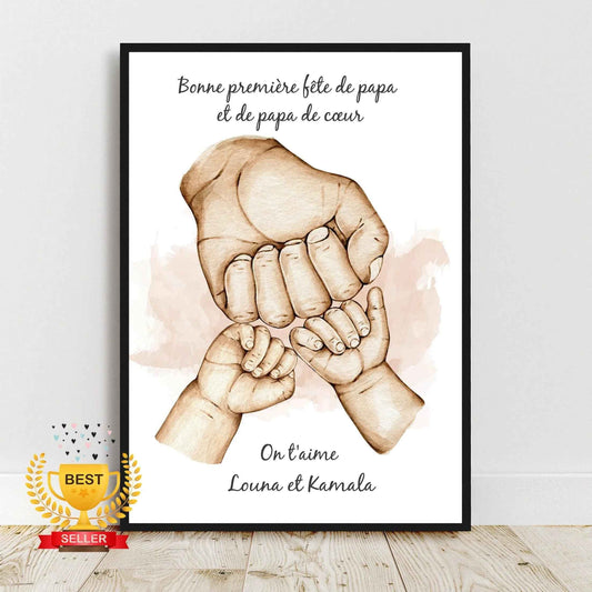 Bon anniversaire papa, Portrait personnalisé, Affiche a4 cadeau fête des pères, Famille main dans la main, couleur et texte personnalisables