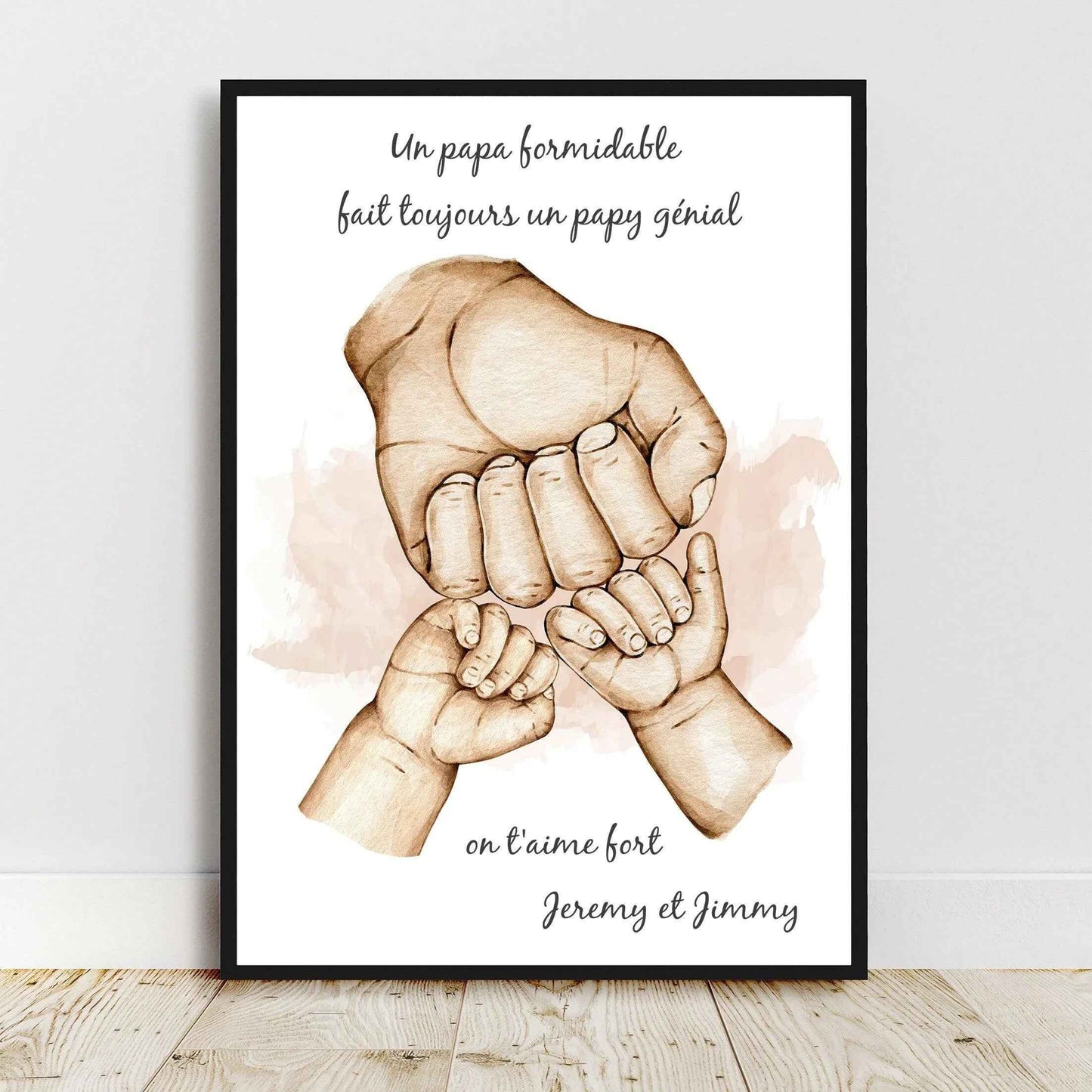Cadeau pour papy, Portrait personnalisé, affiche cadeau fête grand père, Famille main dans la main, couleur et texte personnalisables