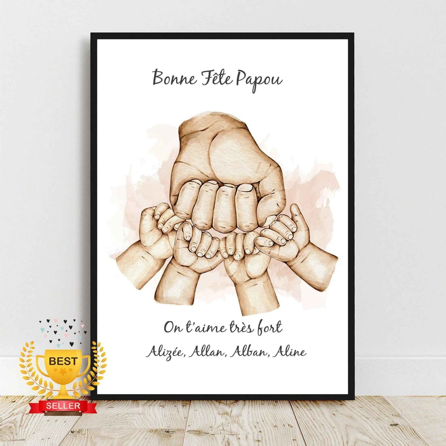 Portrait personnalisé, affiche A4 fête des papas, cadeau fête des pères, main papa et enfant, couleur et texte personnalisables, cadeau noël