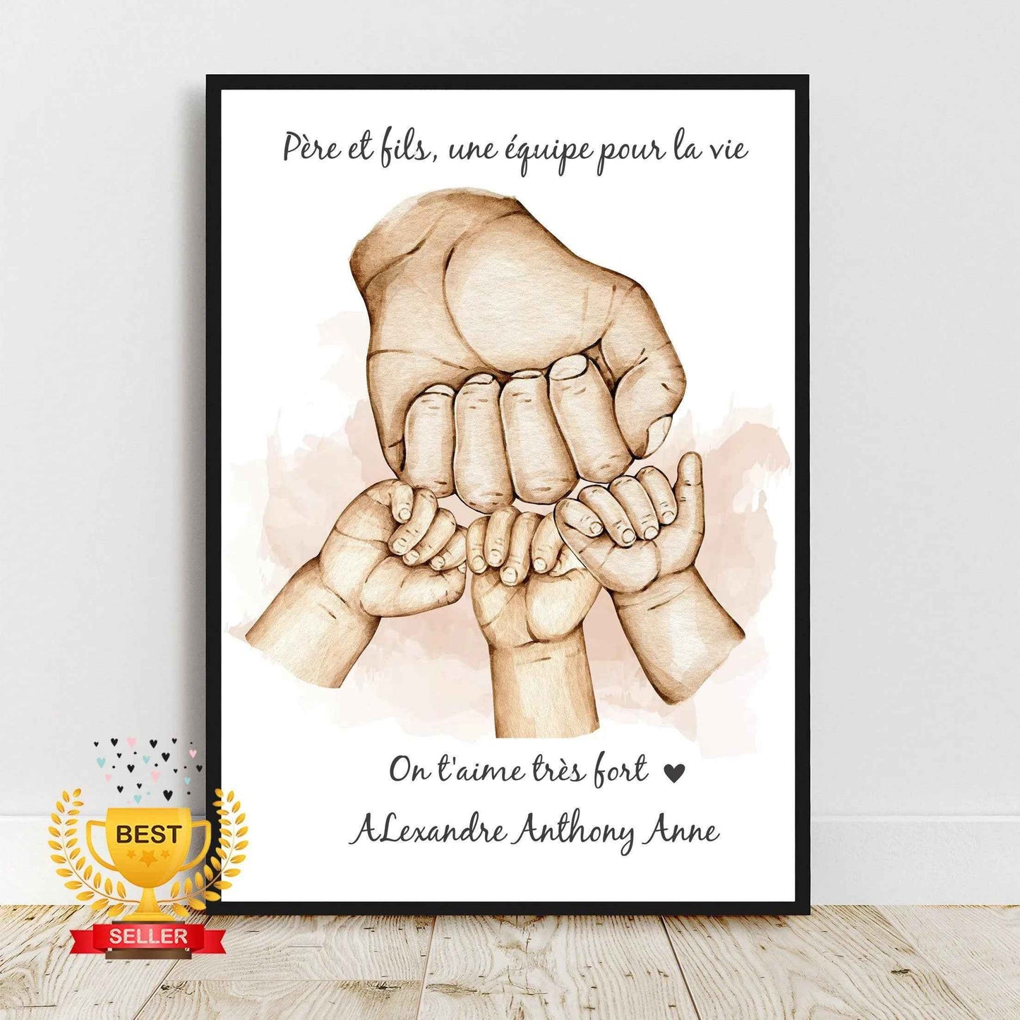 Cadeau fête des pères, affiche A4 Portrait personnalisé, bon anniversaire papa, Famille main dans la main, couleur et texte personnalisables