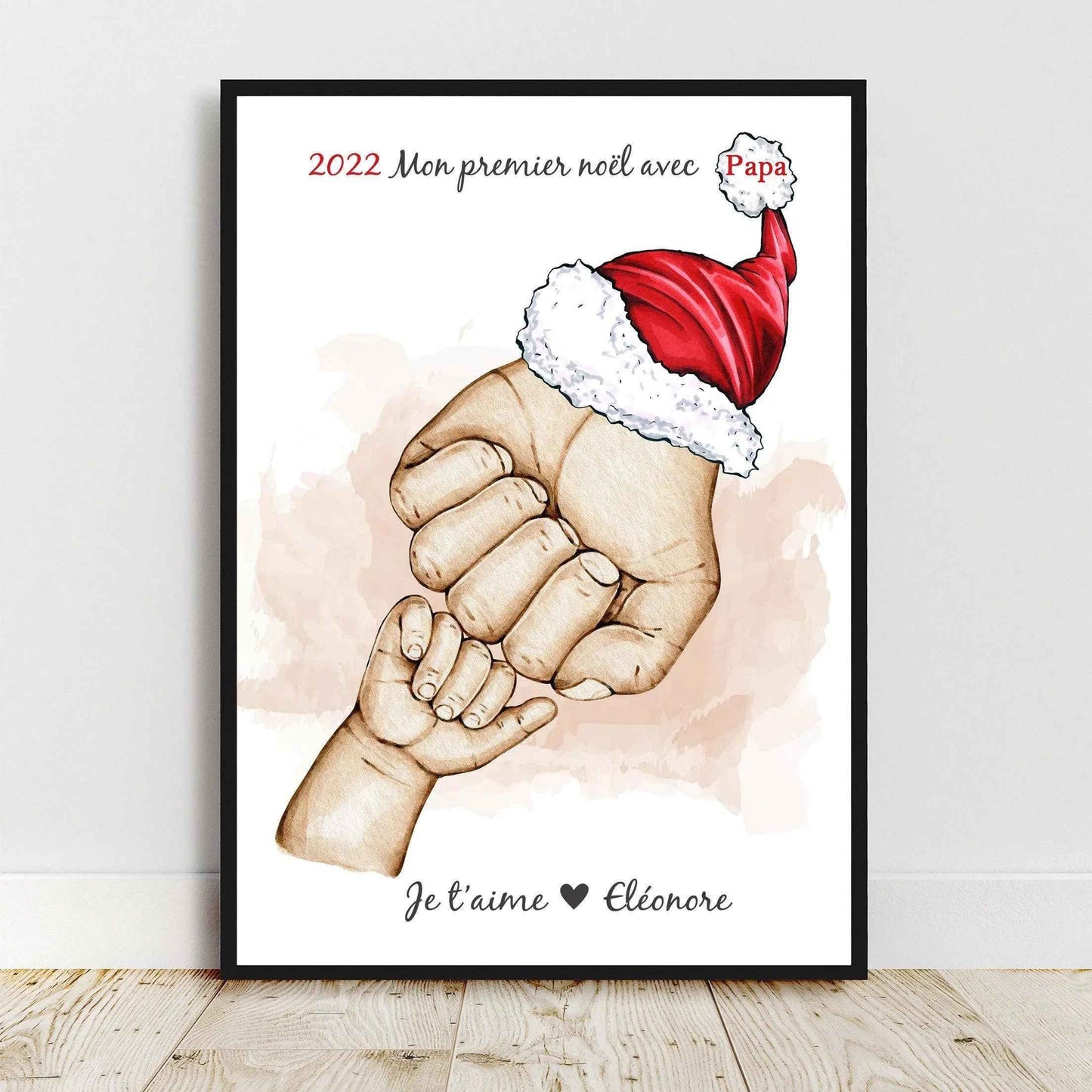 Cadeau premier noël papa, Affiche A4 Portrait main papa et bébé, cadeau de noël, cadeau anniversaire, couleur et texte personnalisables