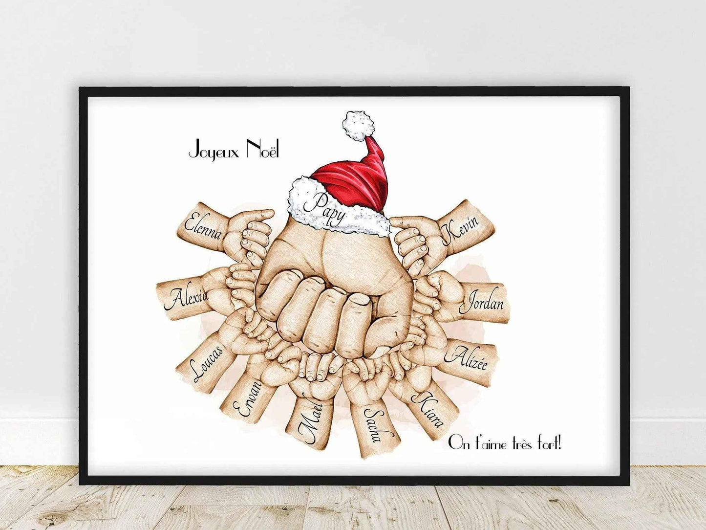 Cadeau premier noël papa, Affiche A4 Portrait main papa et bébé, cadeau de noël, cadeau anniversaire, couleur et texte personnalisables