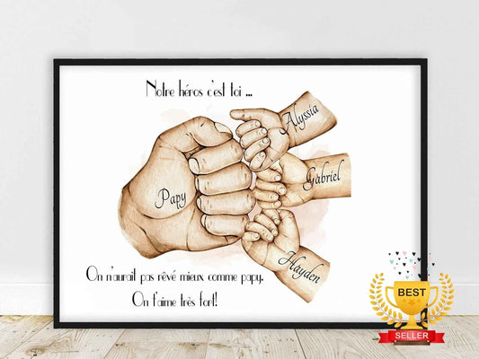 Cadeau pour PAPY ou PAPA, Affiche a4 Portrait personnalisé, cadeau anniversaire, fête des grands pères, couleur et texte personnalisables