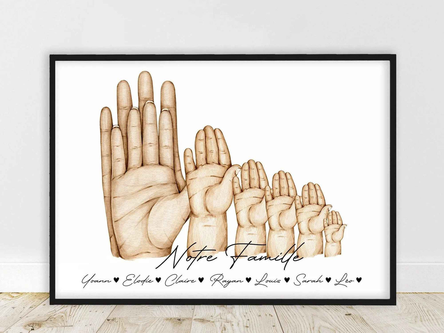 Portrait famille, couleur peau personnalisable, affiche A4 main famille, cadeau fête des mères, cadeau d'anniversaire, cadeau fête des pères