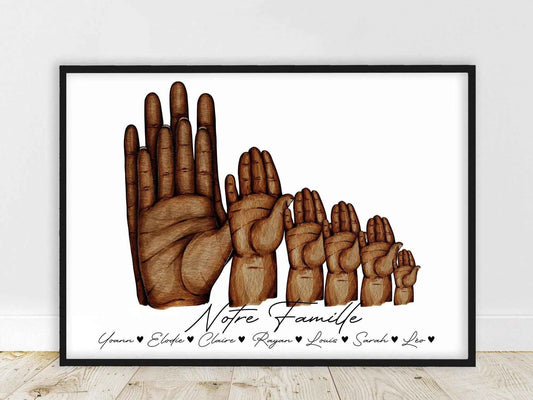 Portrait famille, couleur peau personnalisable, affiche A4 main famille, cadeau fête des pères, cadeau fête des mères, cadeau anniversaire