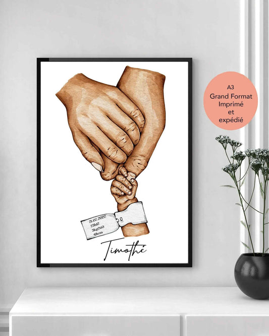 Affiche Bébé Personnalisée avec Bracelet de Naissance - Imprimée en France - Cadeau Unique pour Chambre d'Enfant - Fête des Mères et des Pères