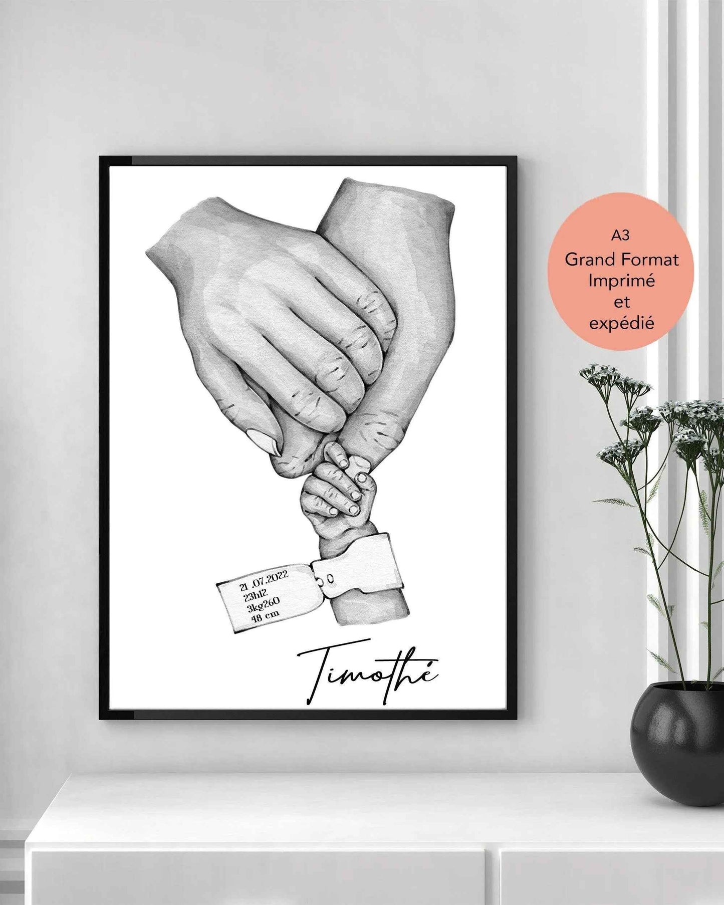 Affiche Bébé Personnalisée avec Bracelet de Naissance - Imprimée en France - Cadeau Unique pour Chambre d'Enfant - Fête des Mères et des Pères