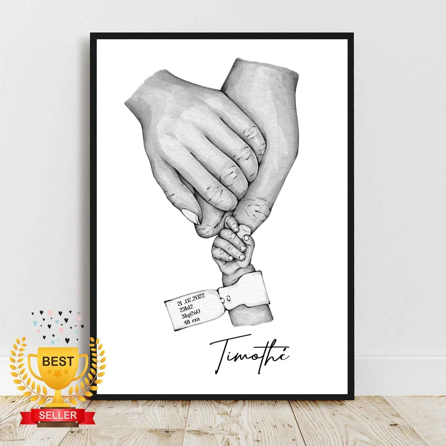 Affiche Bébé Personnalisée avec Bracelet de Naissance - Imprimée en France - Cadeau Unique pour Chambre d'Enfant - Fête des Mères et des Pères