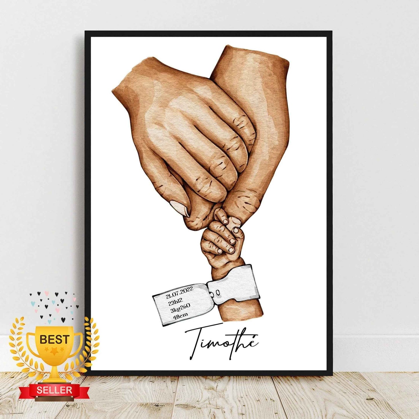 Affiche Bébé Personnalisée avec Bracelet de Naissance - Imprimée en France - Cadeau Unique pour Chambre d'Enfant - Fête des Mères et des Pères