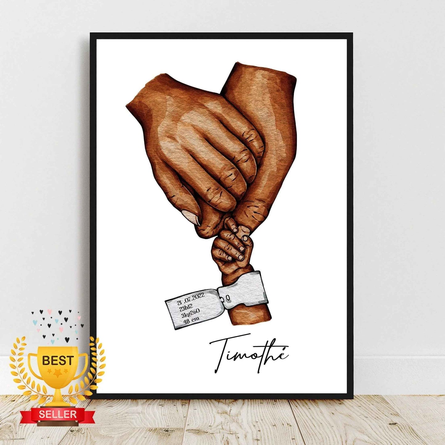 Affiche Bébé Personnalisée avec Bracelet de Naissance - Imprimée en France - Cadeau Unique pour Chambre d'Enfant - Fête des Mères et des Pères