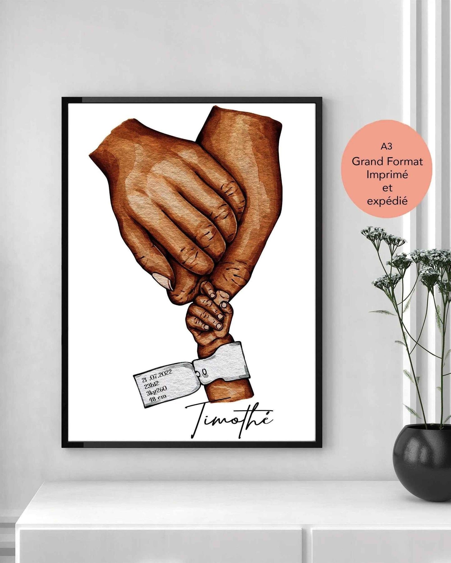 Affiche Bébé Personnalisée avec Bracelet de Naissance - Imprimée en France - Cadeau Unique pour Chambre d'Enfant - Fête des Mères et des Pères