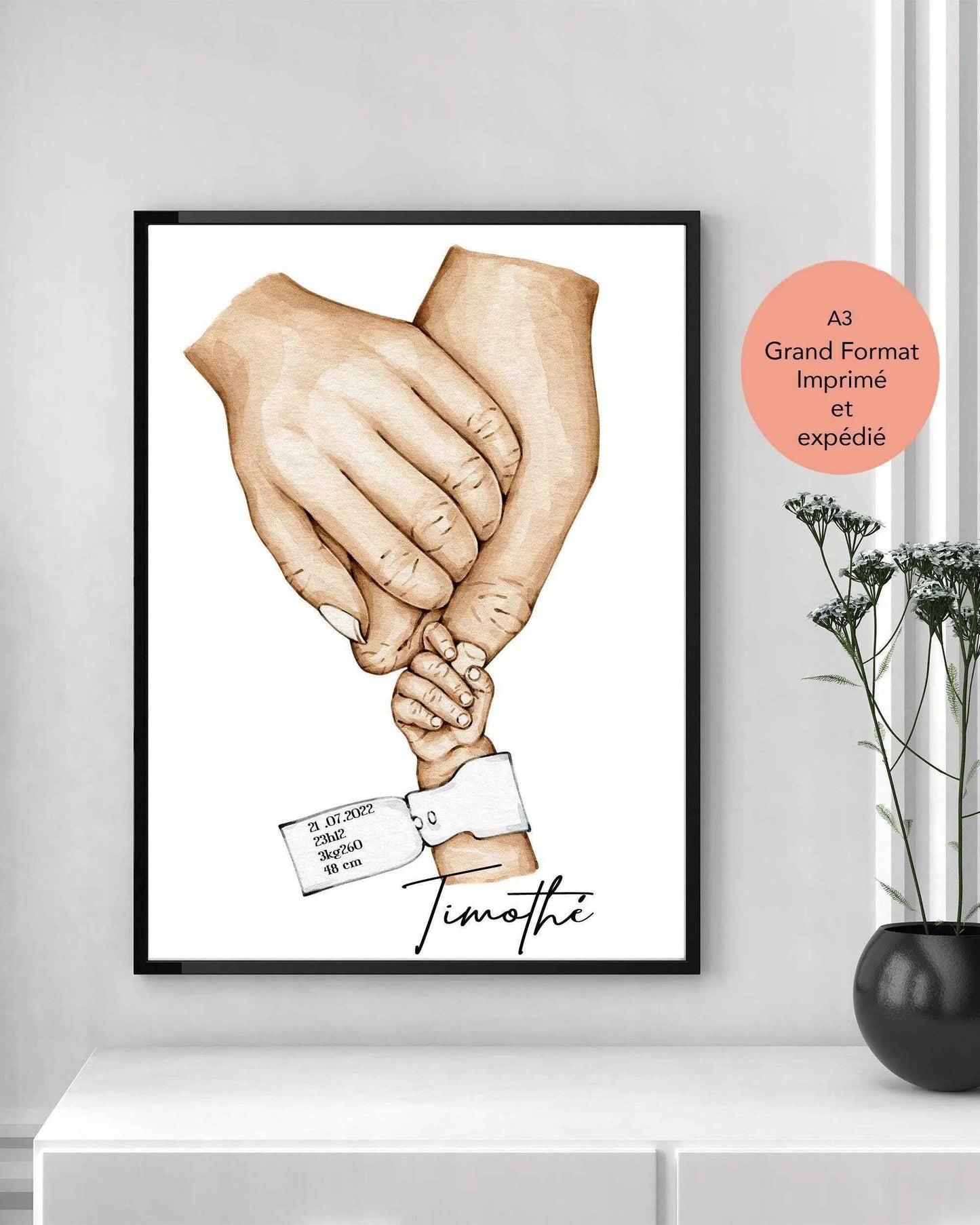 Affiche Bébé Personnalisée avec Bracelet de Naissance - Imprimée en France - Cadeau Unique pour Chambre d'Enfant - Fête des Mères et des Pères