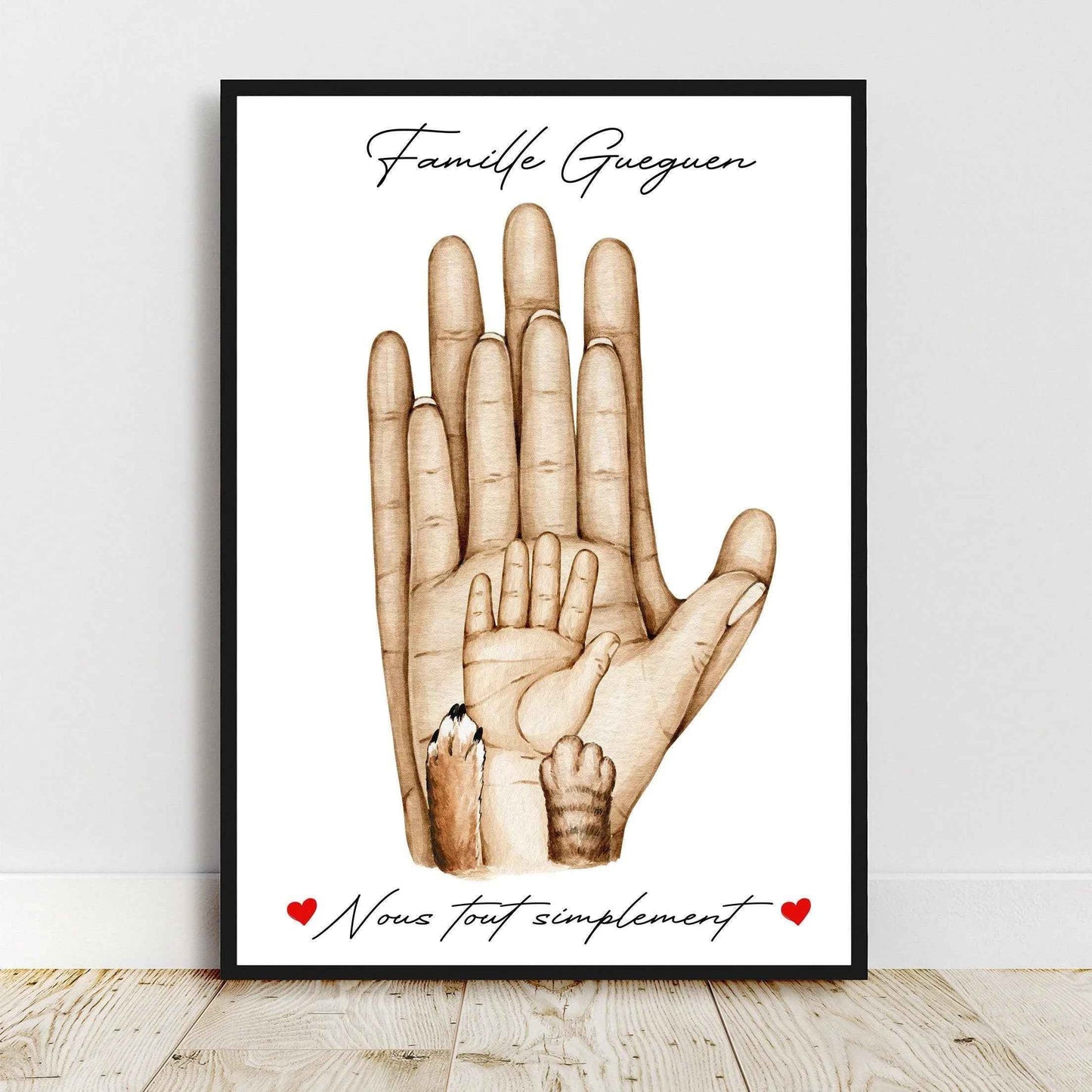 Illustration famille personnalisée, affiche A4 Famille main dans la main, cadeau fête des pères, cadeau fêtes des mères