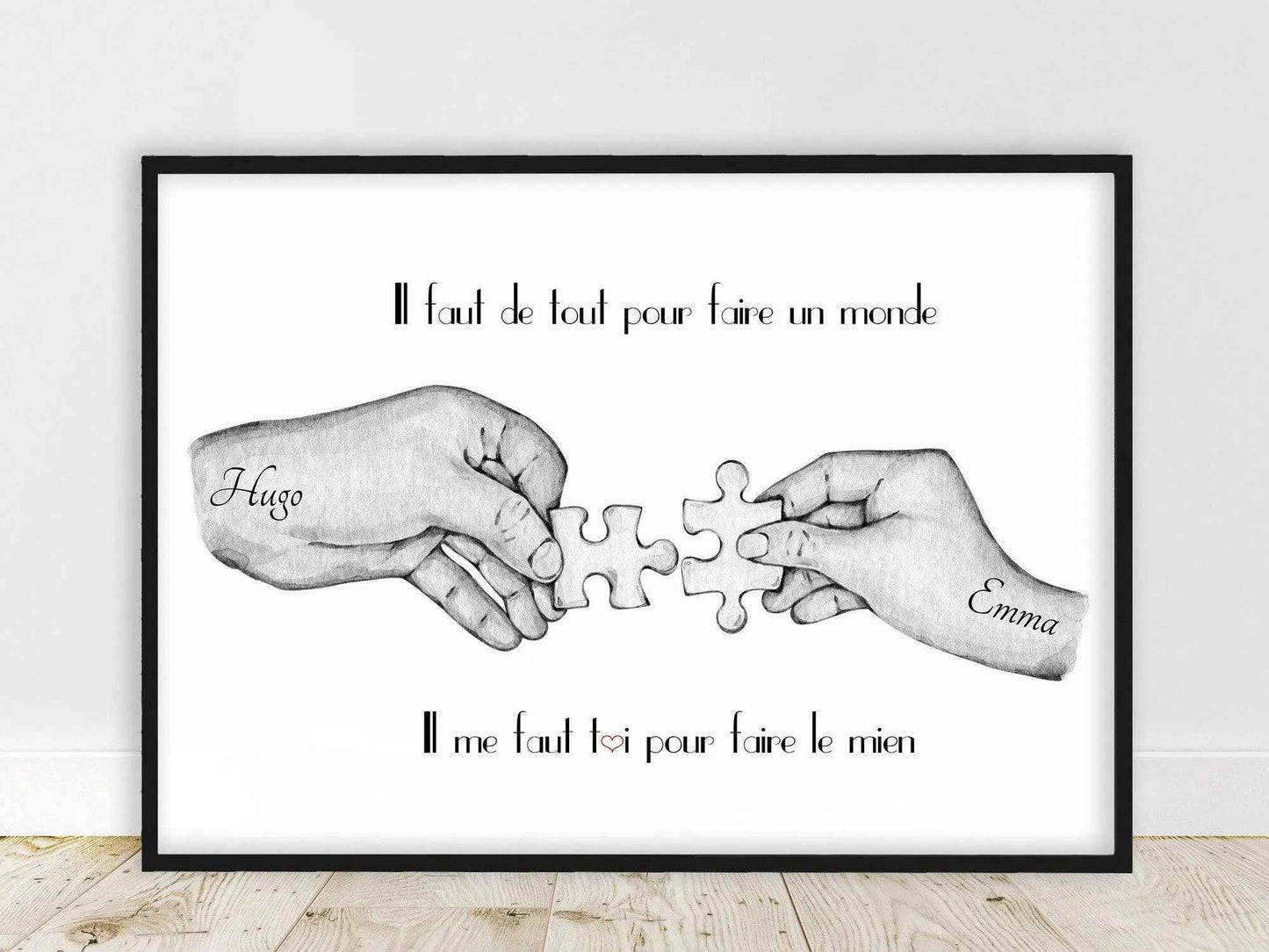 Cadeau saint valentin, Portrait personnalisé, Couple puzzle complémentaire, texte et couleur personnalisable, cadeau pour amoureux,