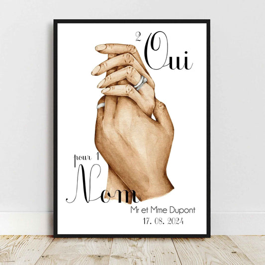 Portrait personnalisé, affiche Couple Mariage, texte et couleur personnalisable, cadeau pour jeunes mariés, cadeau pour couple